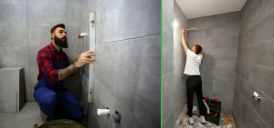 Modern bathroom with new fixtures and tiles.