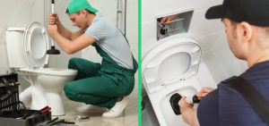 Person using a toilet plunger to unclog a toilet